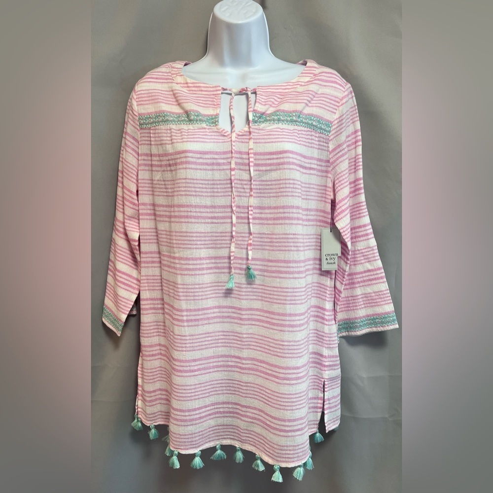 Crown & Ivy Beach Top Blouse cover up tassels Sz Small Pink Green Women’s NWT‎